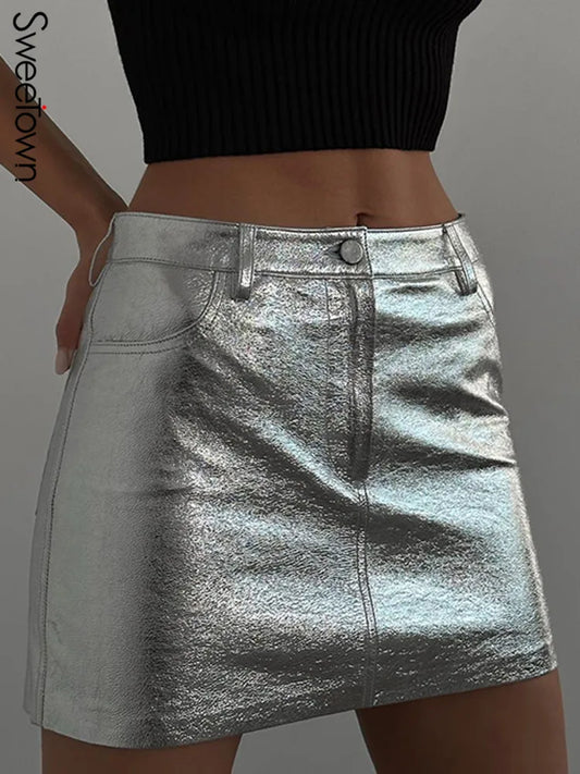 Sweetown Silver Low Waist A Line Mini Skirt Korean Fashion High Street Leather Skirts Womens Stitch Pocket Silver Gothic Clothes