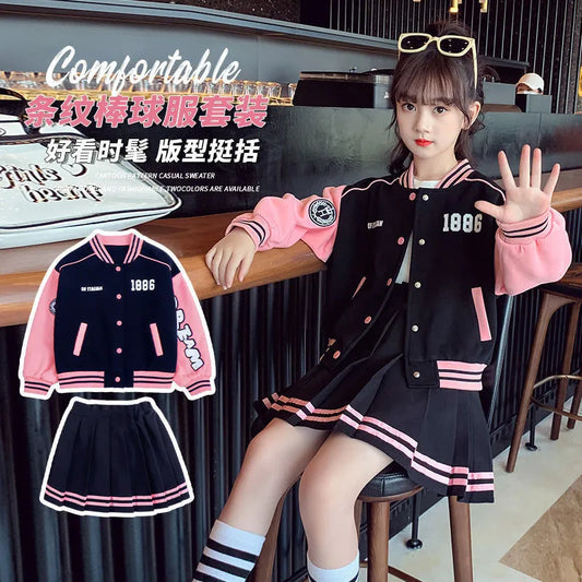 Teen Girls Autumn Suit Baseball Uniform Spring Fashion Letter Print Patchwork Jacket Coat + Pleated Skirt 2pcs JK Outfits 4-14 Y